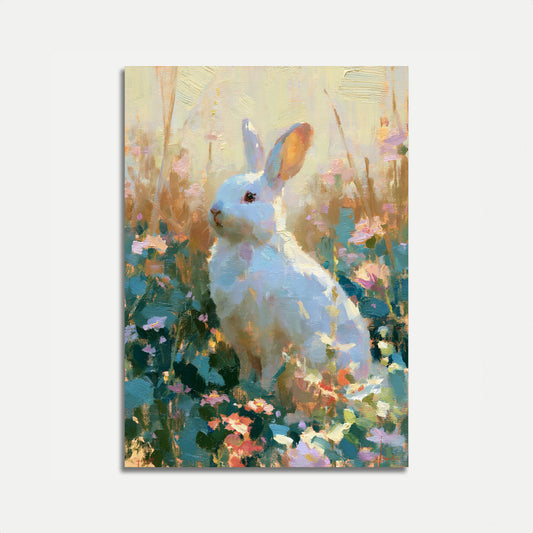 Weißes Kaninchen im Blumengarten Poster