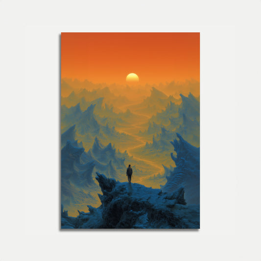 Pôster do Alpinista Solitário ao Nascer do Sol na Montanha