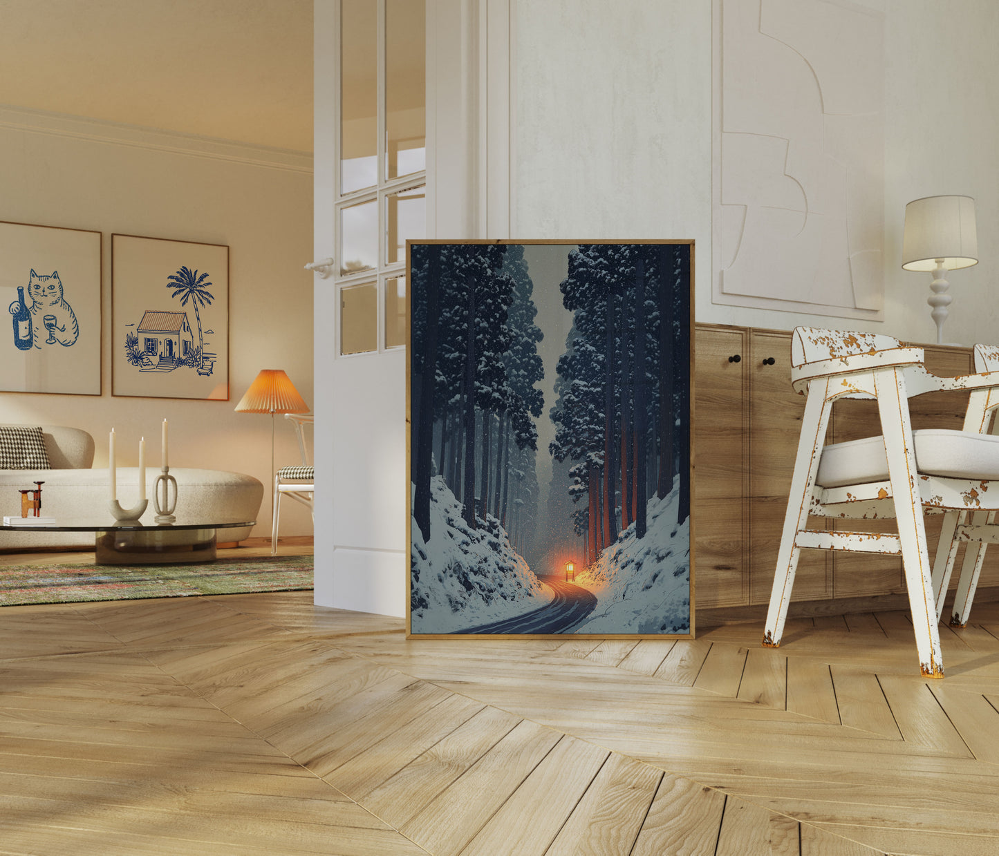 Sentiero della Foresta Invernale con Luce Poster