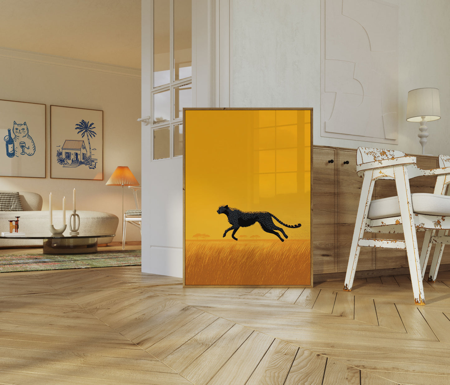Jachtluipaard die door de Savanne rent Poster