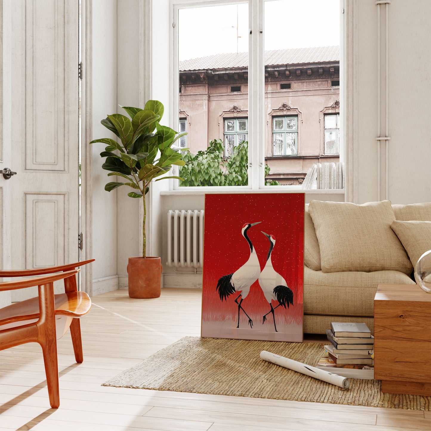 Affiche Hivernale Grues Rouges dans la Neige
