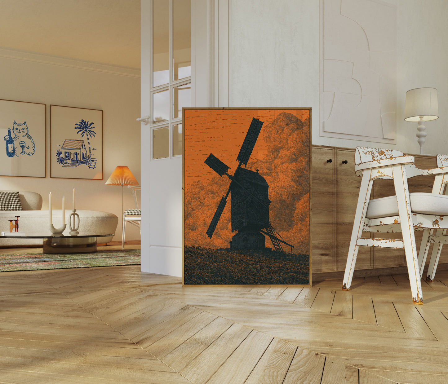 Poster Mulino a Vento contro Cielo Arancione