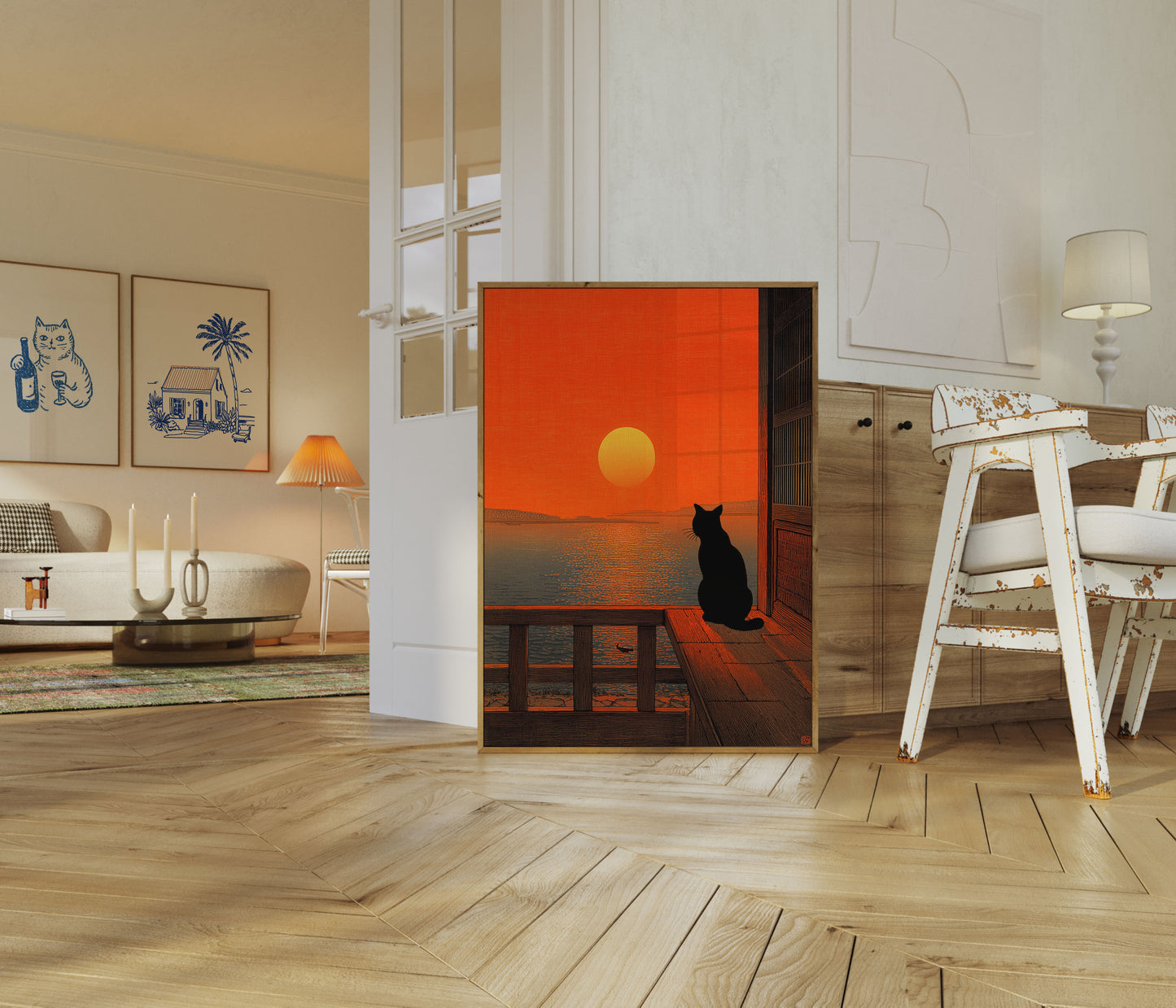 Black Cat Sunset Silhouette Poster