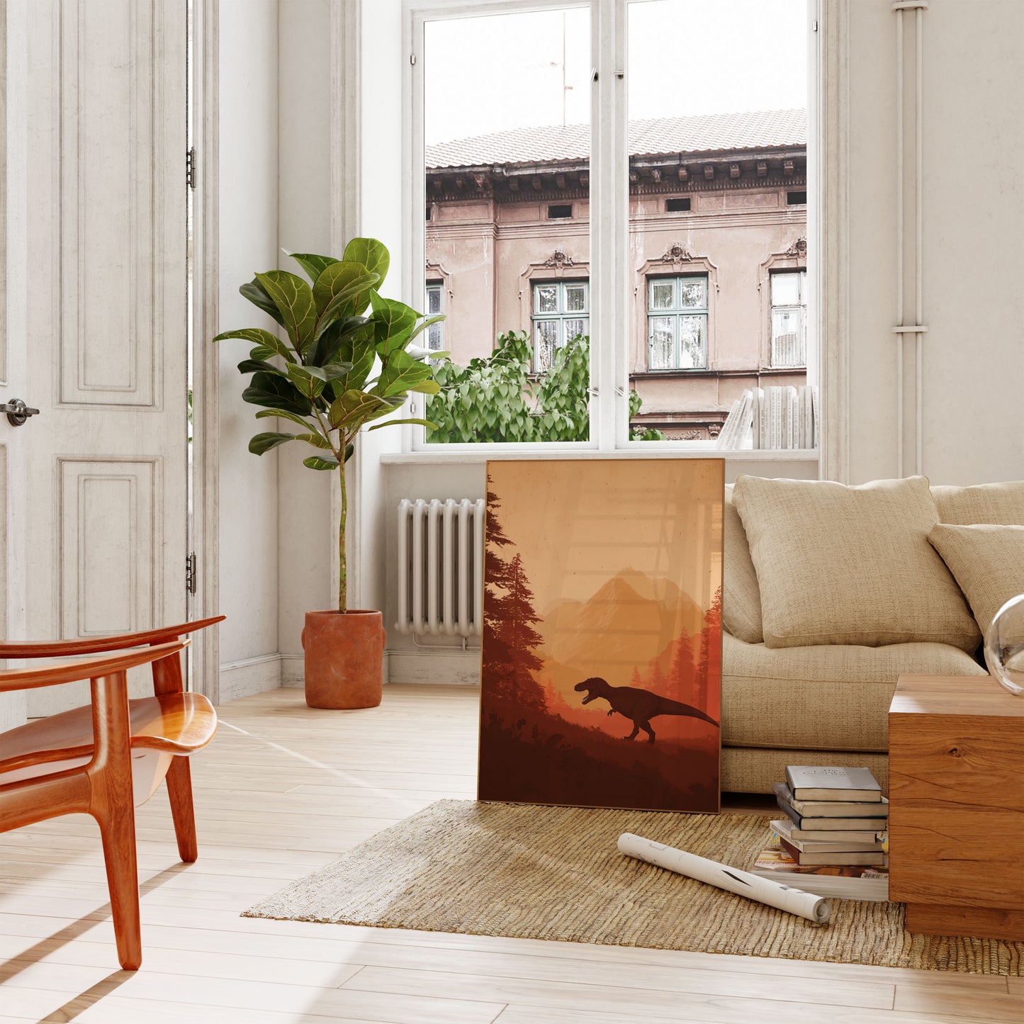 Póster de puesta de sol en la montaña prehistórica