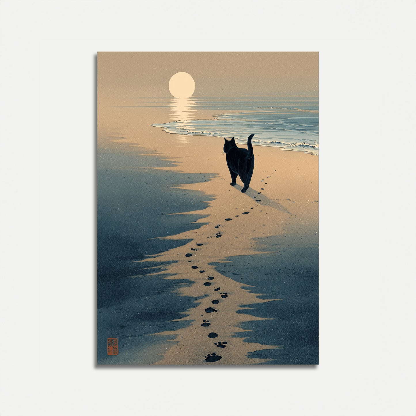 Svart Katt Strand Solnedgång Affisch