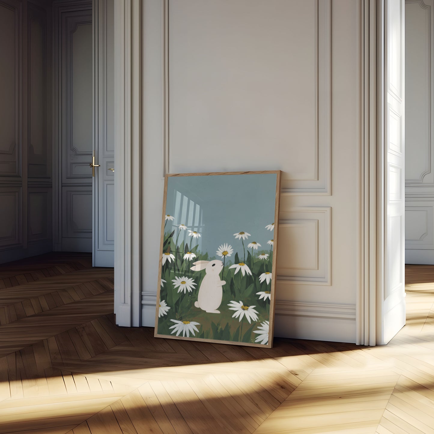 Plakat Biały Królik w Polu Stokrotek