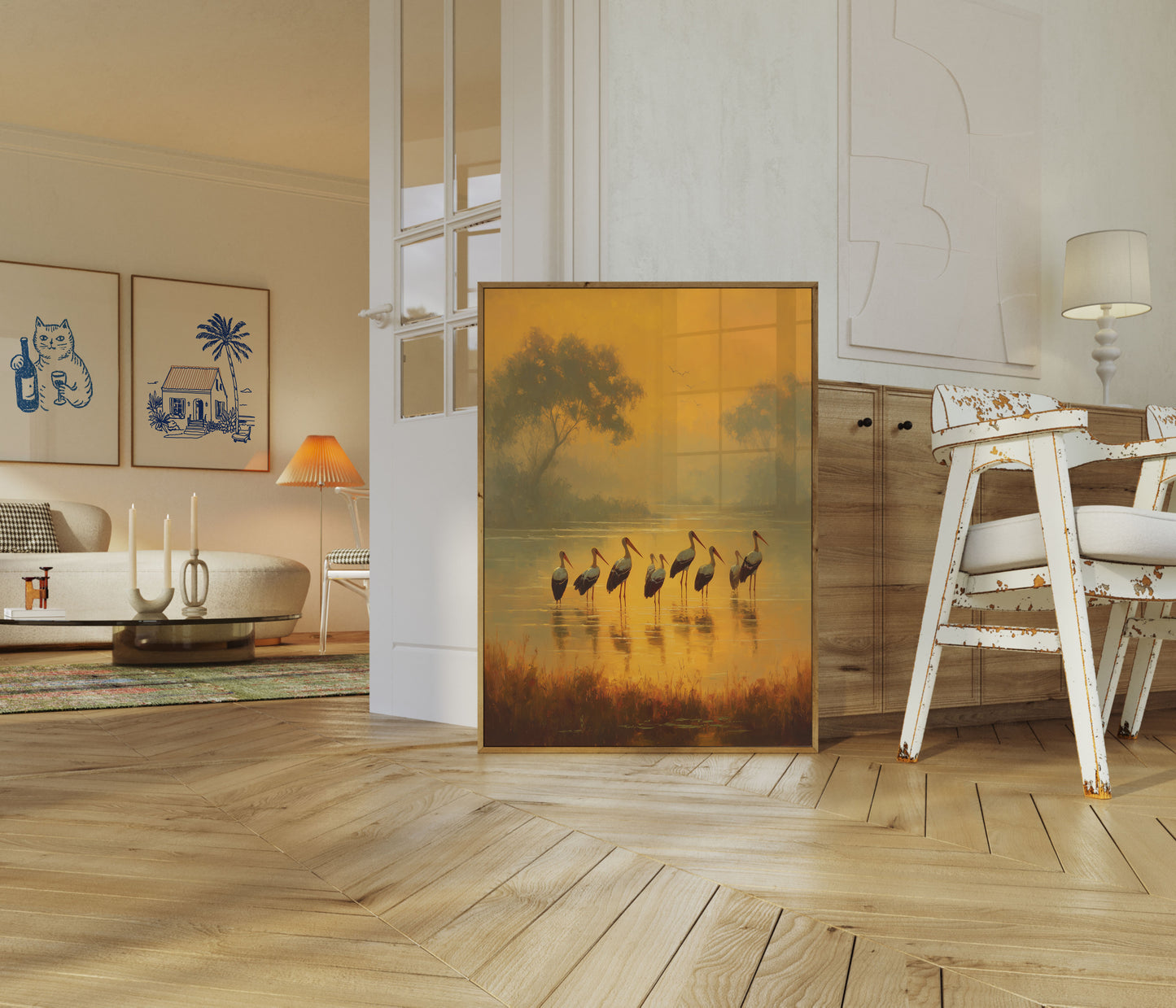 Póster de Cigüeñas al Amanecer Dorado
