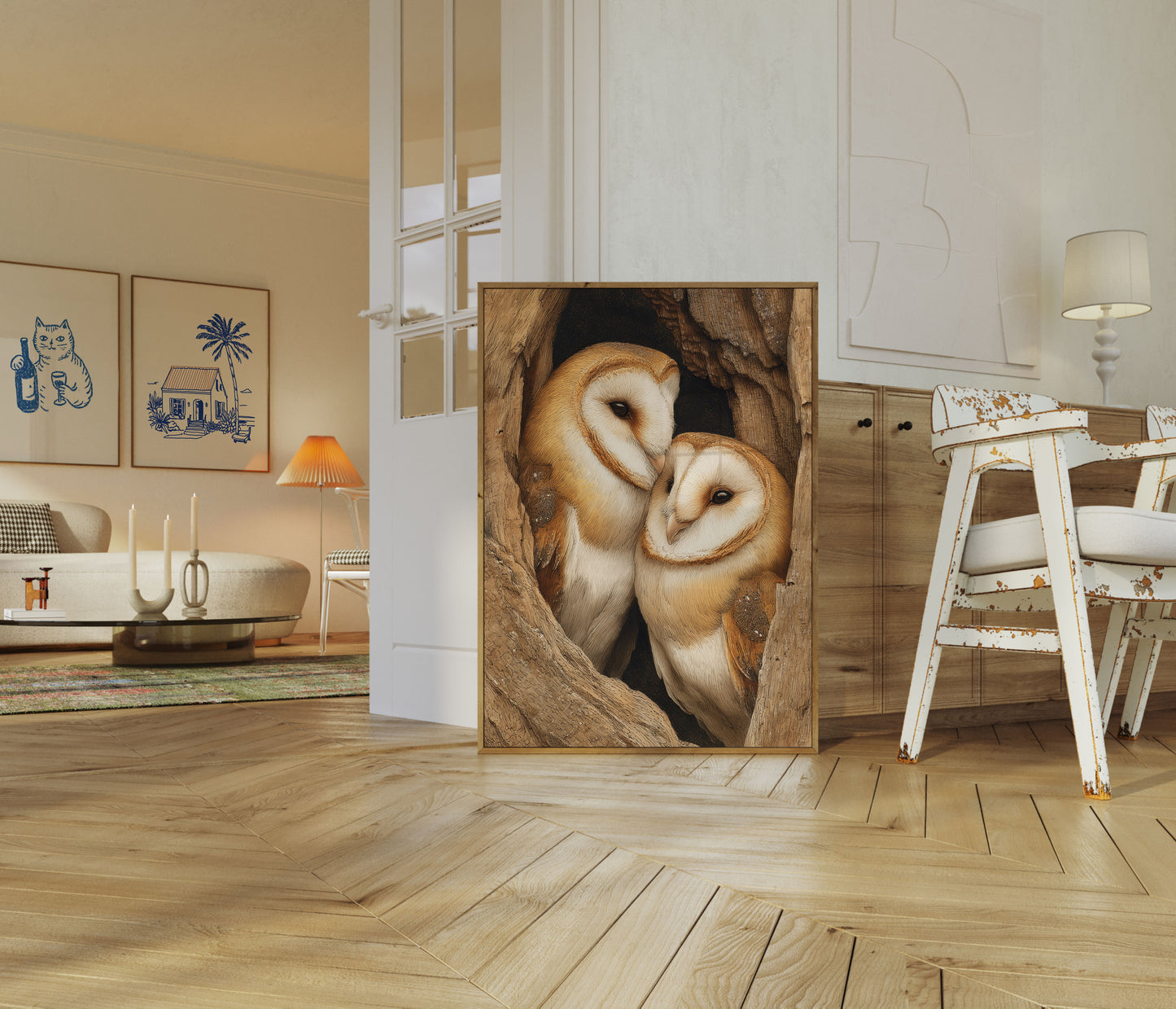 Barn Owls in Hollow Tree Poster
