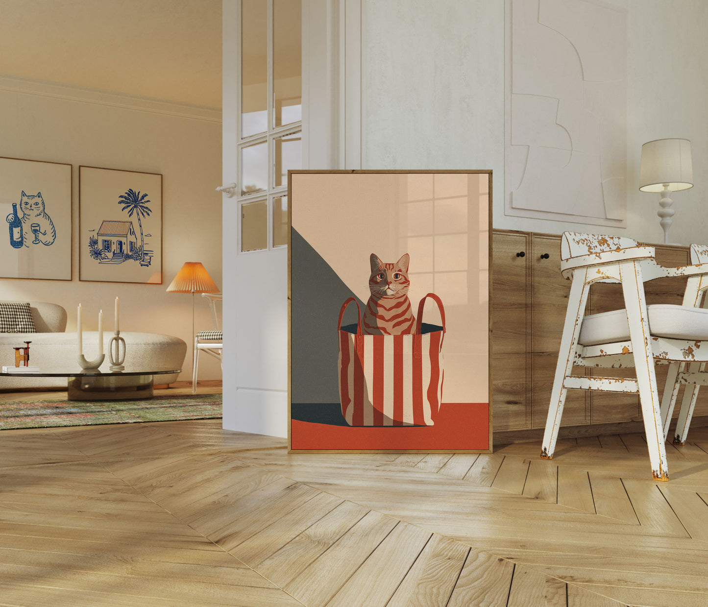 Gestreifter Kater in roter Tasche Poster