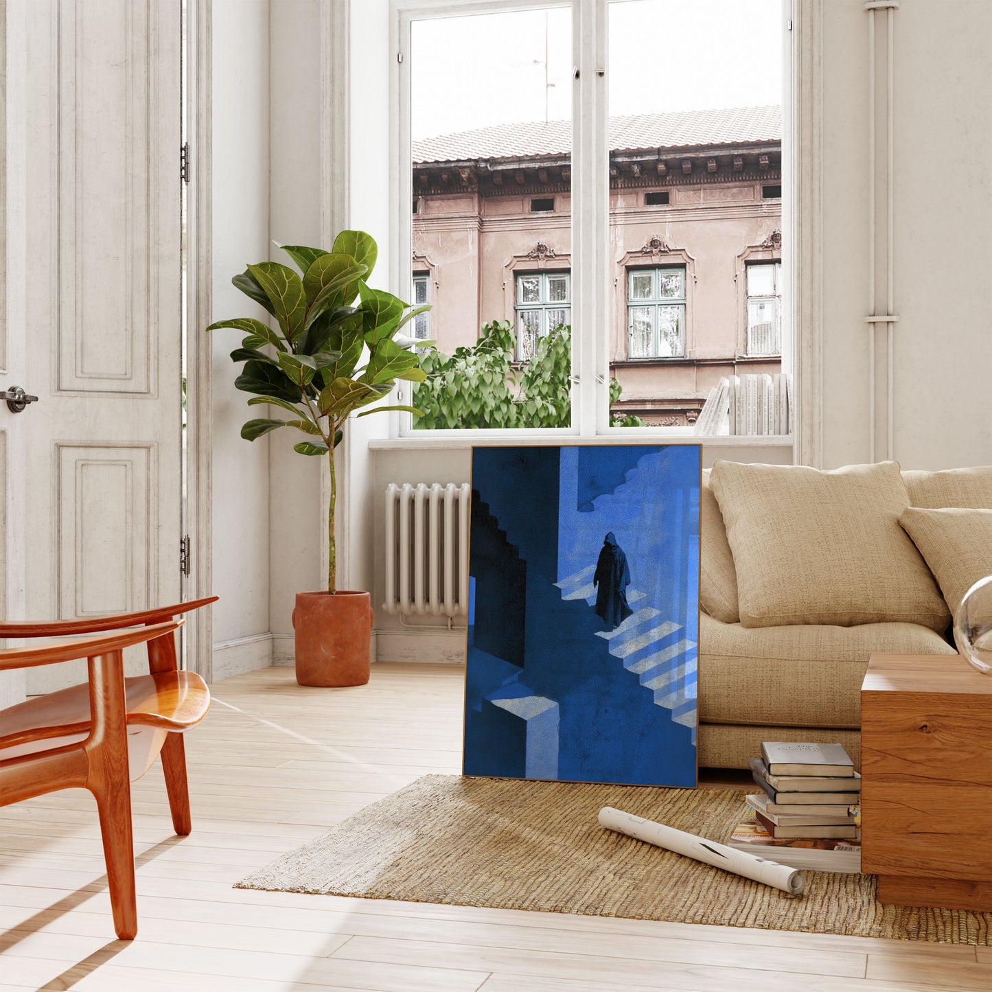 Osamělá postava v modré architektuře Plakát