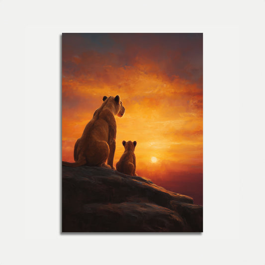 Póster de la Familia de Leones en la Sabana al Atardecer