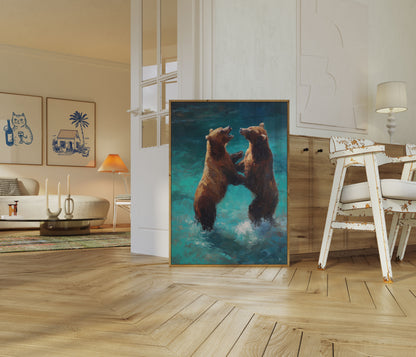 Affiche Ours Jouant dans l'Eau Turquoise