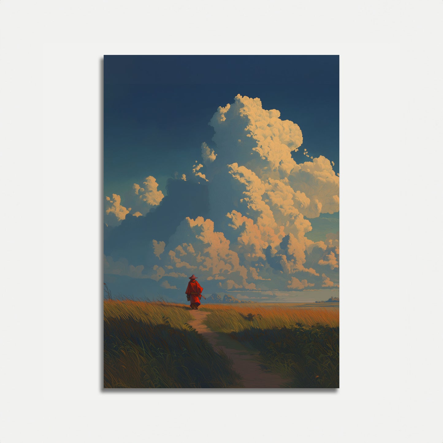 Wanderer in der goldenen Graslandschaft Plakat