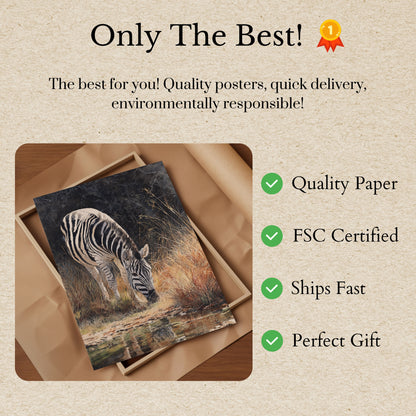 Póster de vida silvestre de cebra en un abrevadero