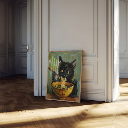 Noodle-Slurping Black Cat Poster