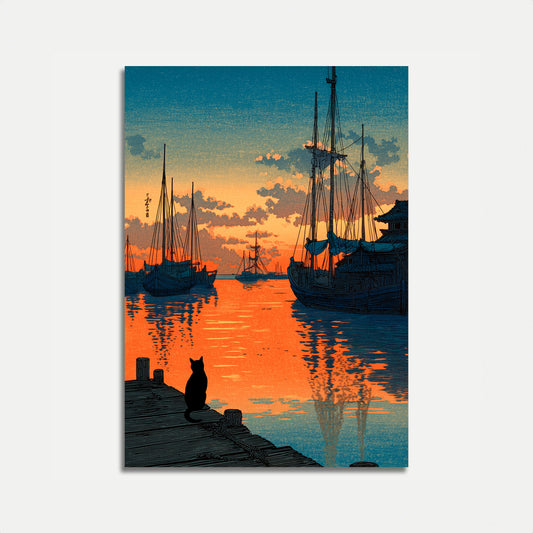 Plakat Kota Obserwującego Żaglówki o Zachodzie Słońca