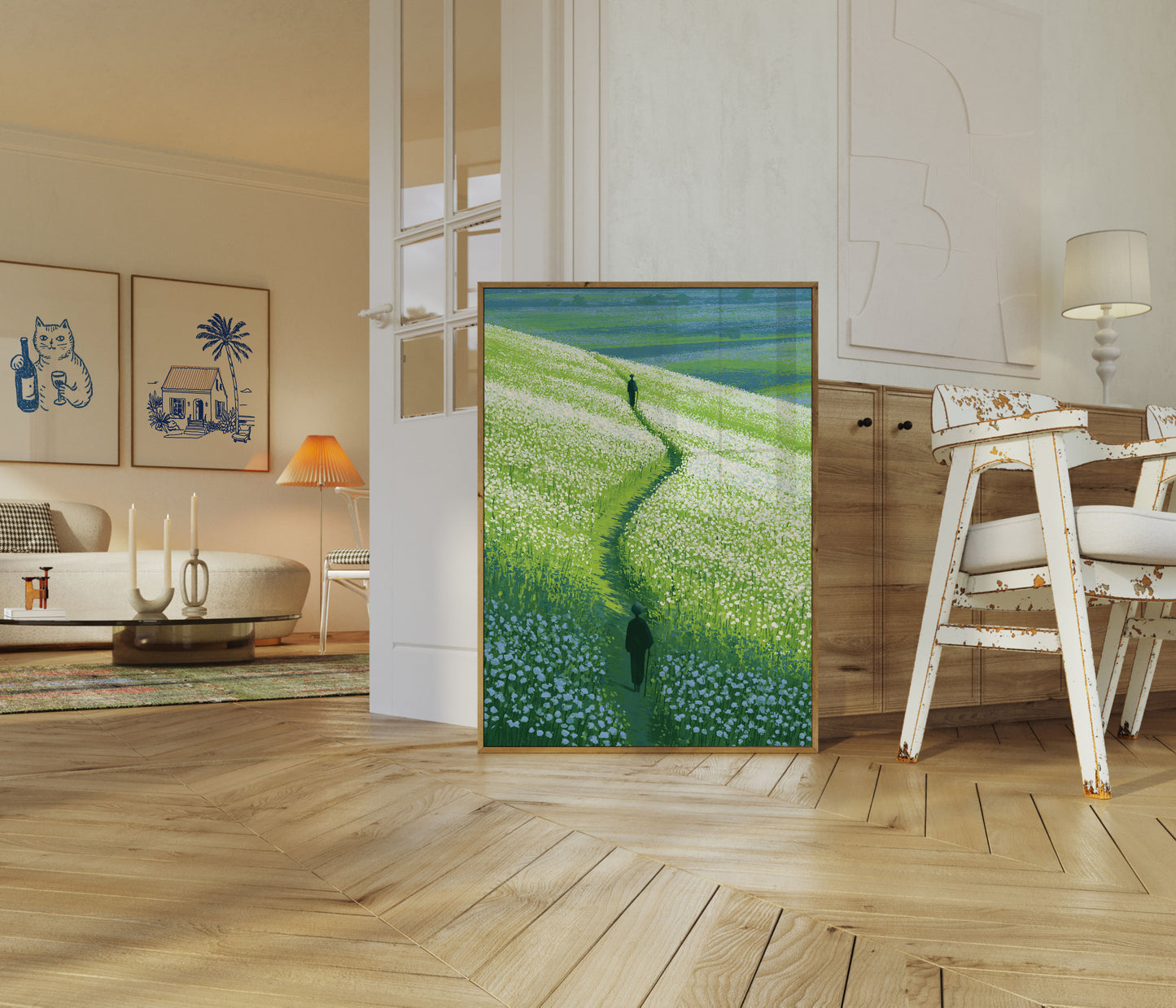 Plakat: Einsamer Pfad durch Blumenfeld