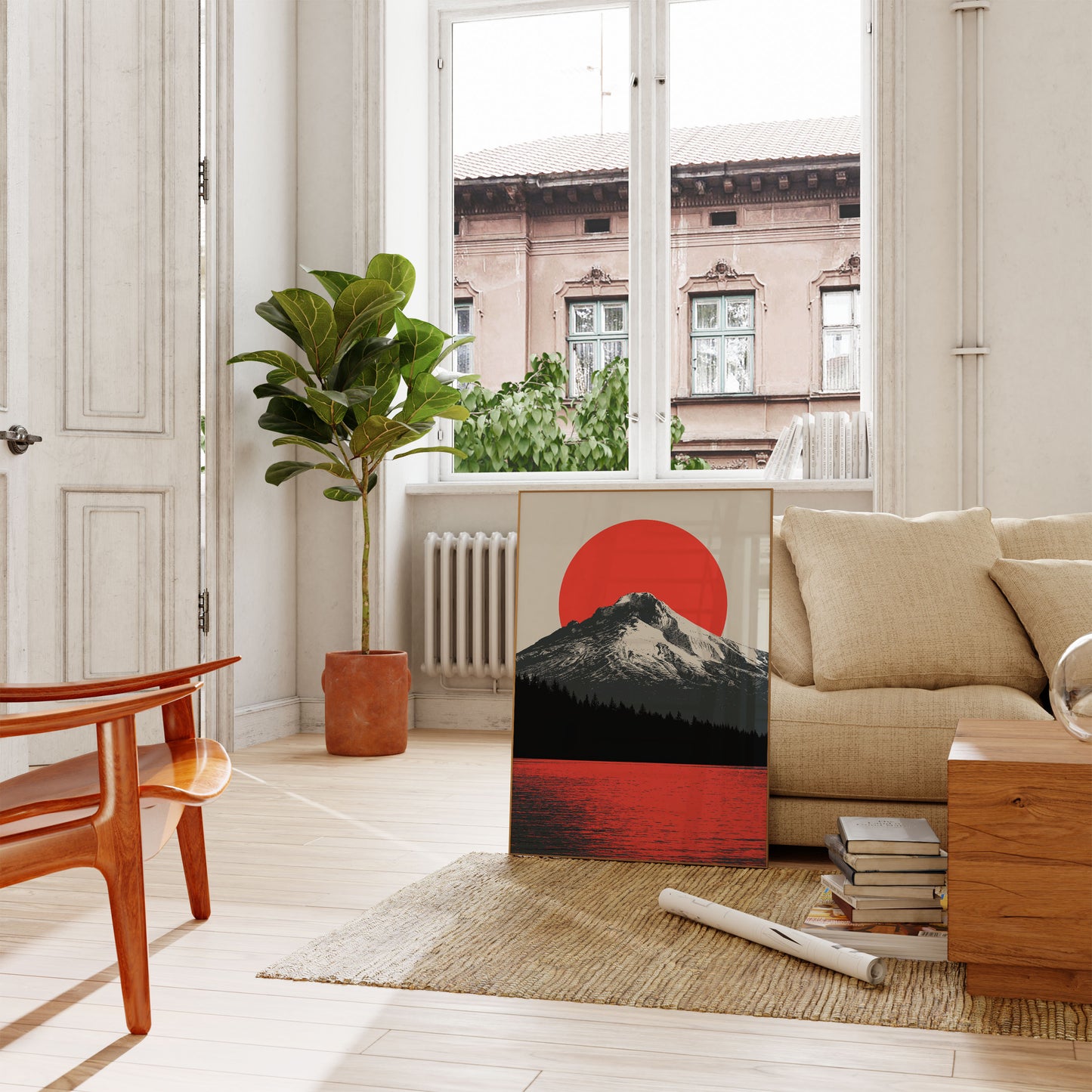 Affiche Soleil Rouge Montagne Neige