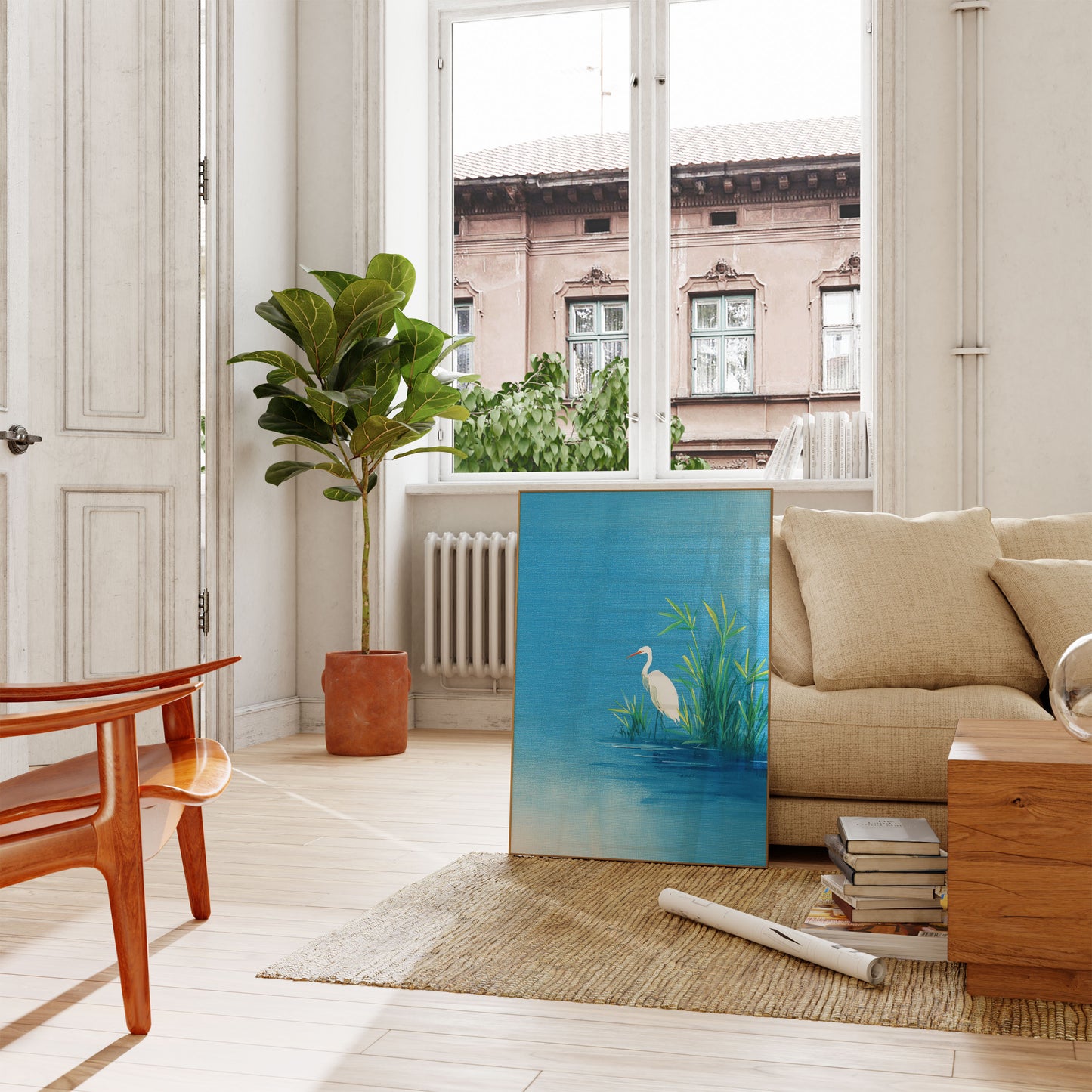 Póster de garceta blanca junto al lago