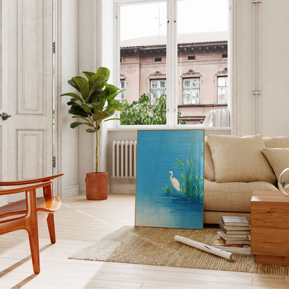 Póster de garceta blanca junto al lago