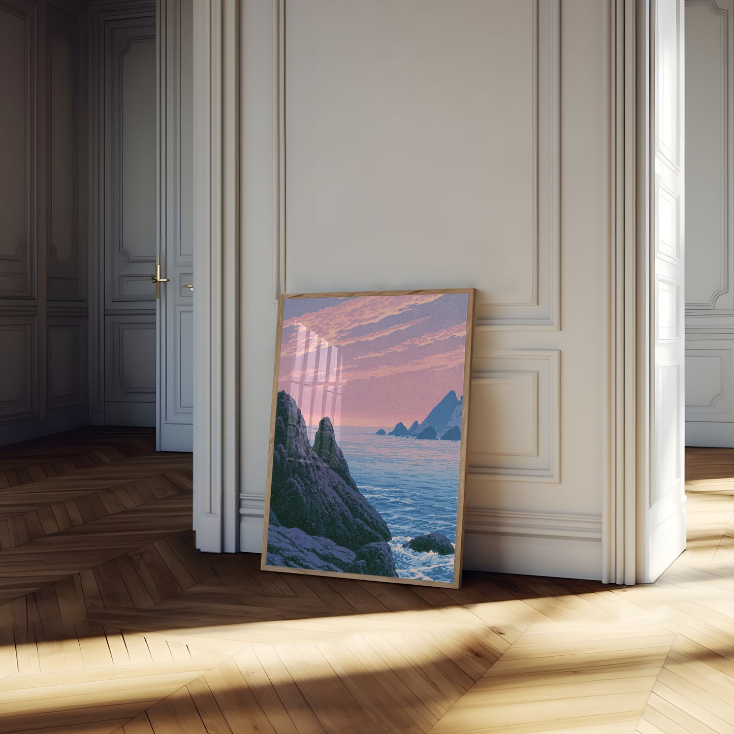 Plakat: Klippekyst ved solnedgang