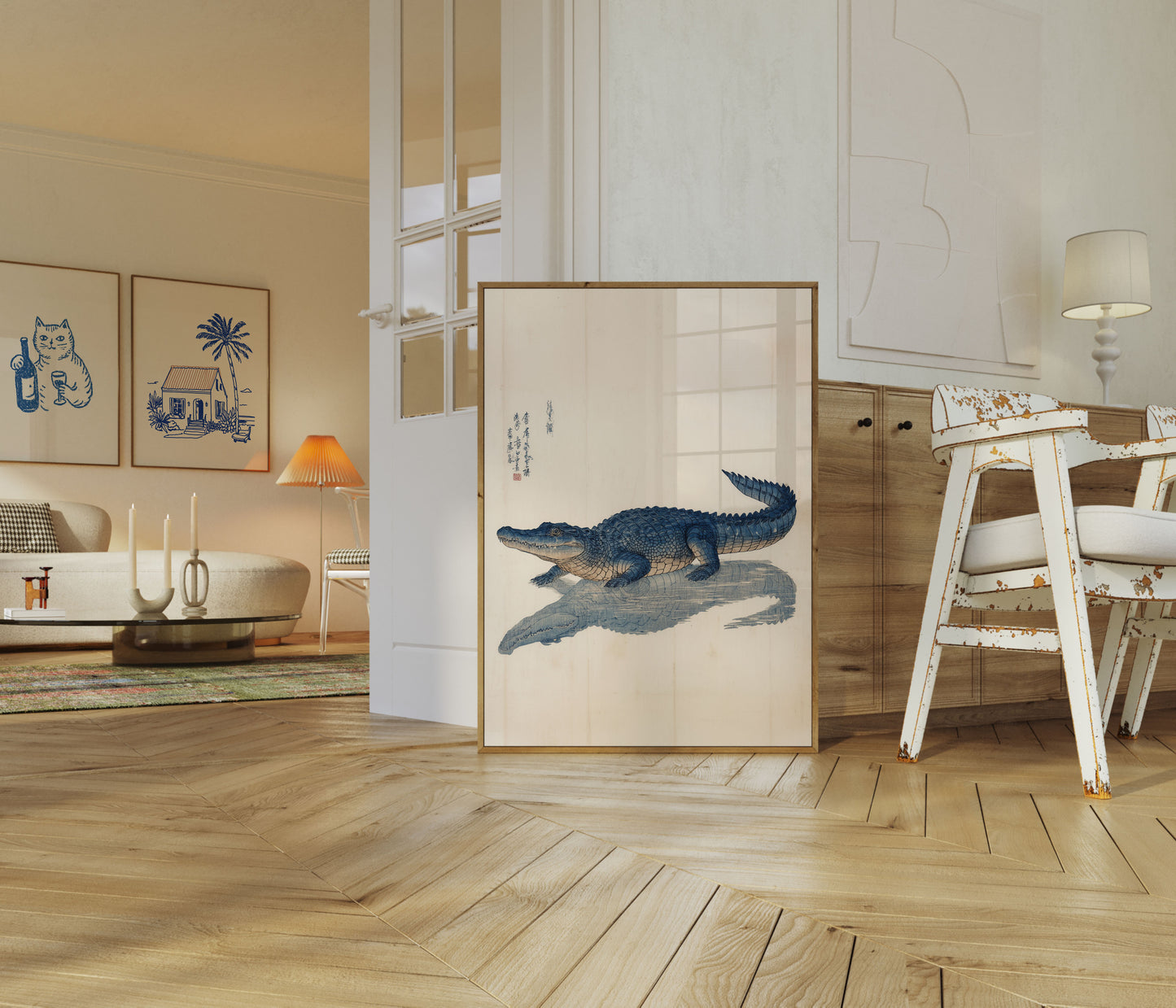 Póster con ilustración vintage de cocodrilo azul