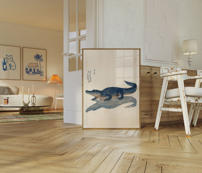 Póster con ilustración vintage de cocodrilo azul