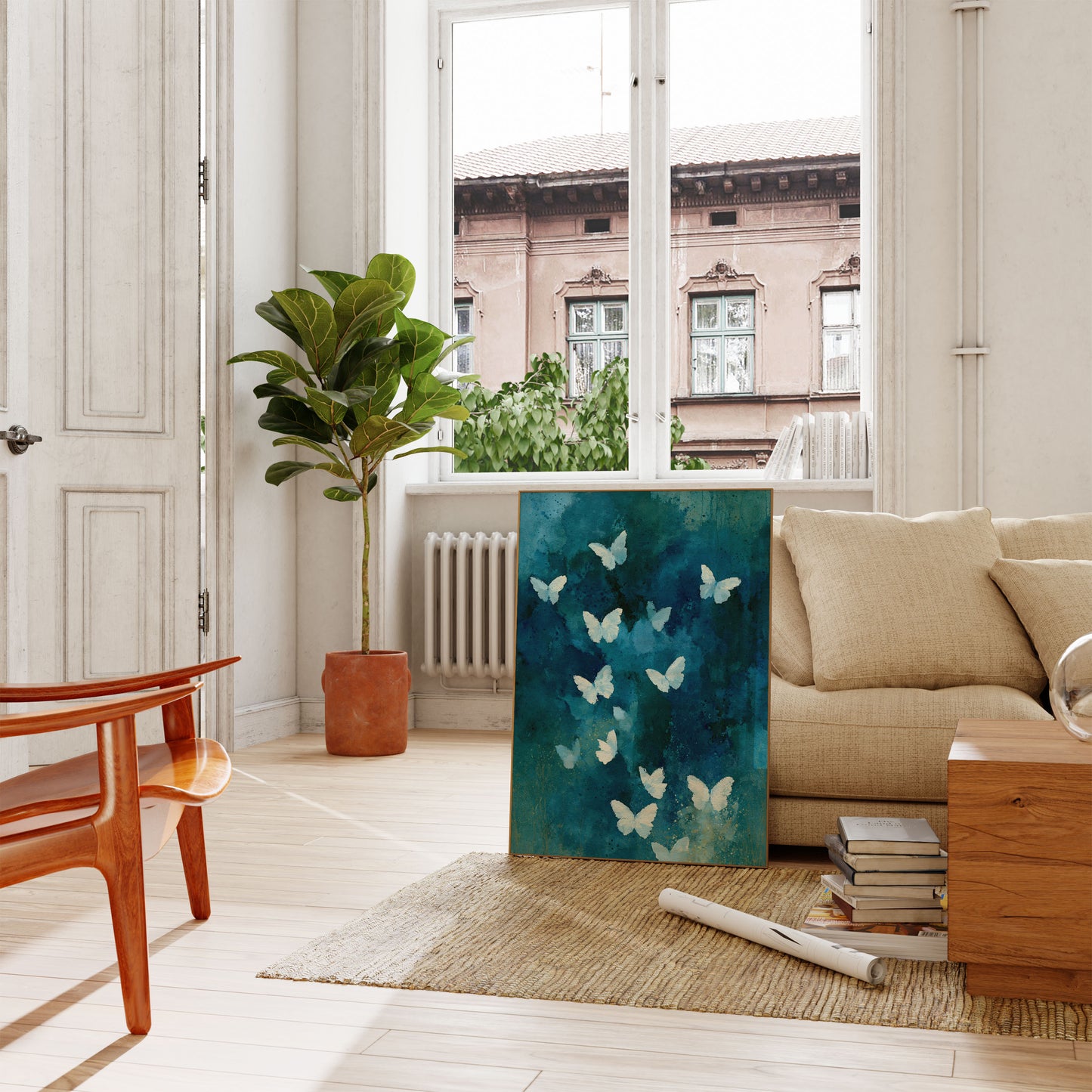 Weiße Schmetterlinge auf blauem Poster