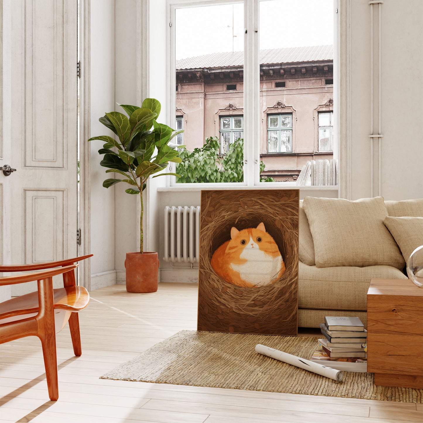 Gemütliche orangefarbene Katze im Nest Poster