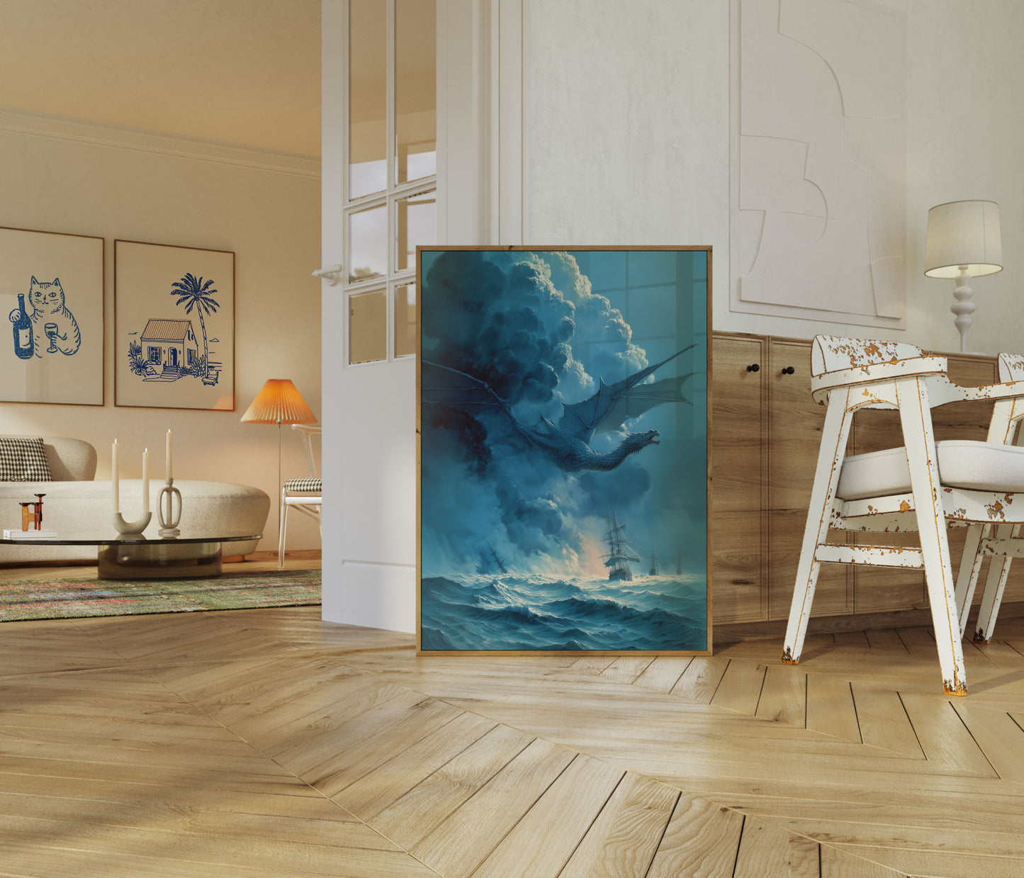 Draak stijgt uit oceaan poster