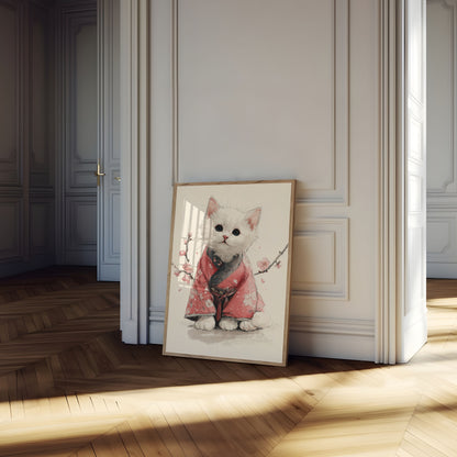 Weißer Kater im roten Kimono Poster