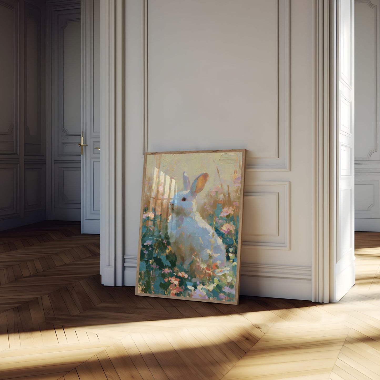 White Rabbit in Flower Garden Poster