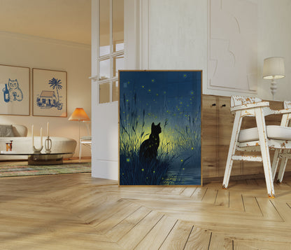 Gato Entre Luciérnagas Póster Nocturno