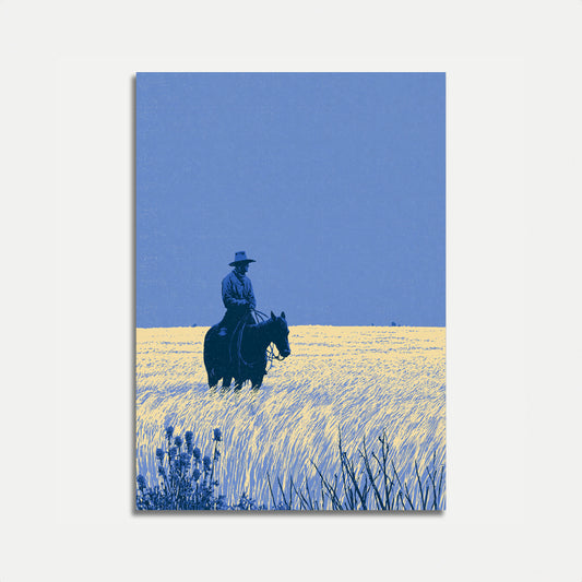 Affisch: Cowboy rider genom gyllene fält