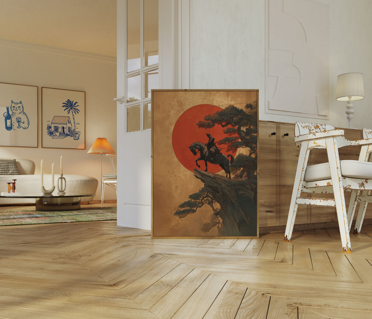 Poster du Guerrier Samouraï au Coucher de Soleil sur Falaise