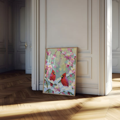 Cardinals Among Spring Blossoms Poster