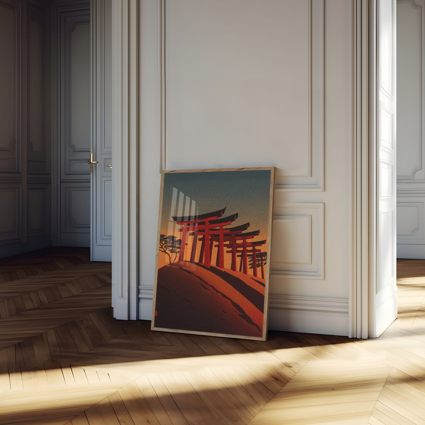 Cartel de Puesta de Sol en la Puerta del Templo Japonés