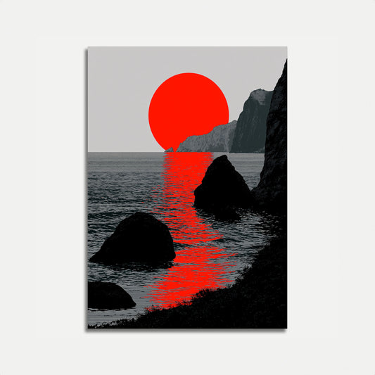 Plakat: Rød sol over klippekyst
