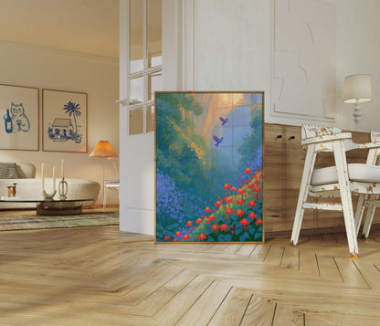 Kolibrier i blomstrende have plakat