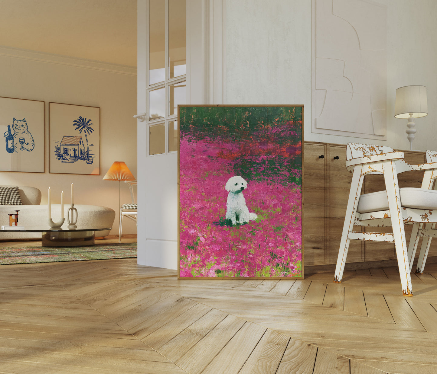 Hvit Hund i Blomstereng Plakat