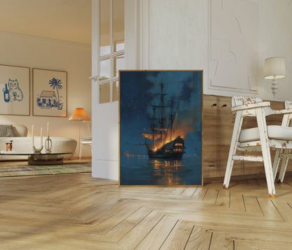 Burning Pirate Ship Night Poster