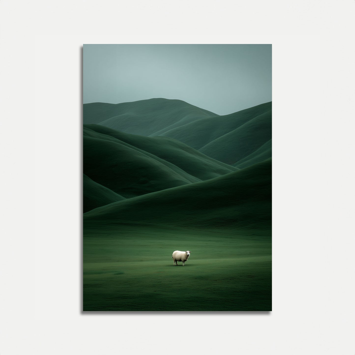 Pecora solitaria nei prati verdi Poster