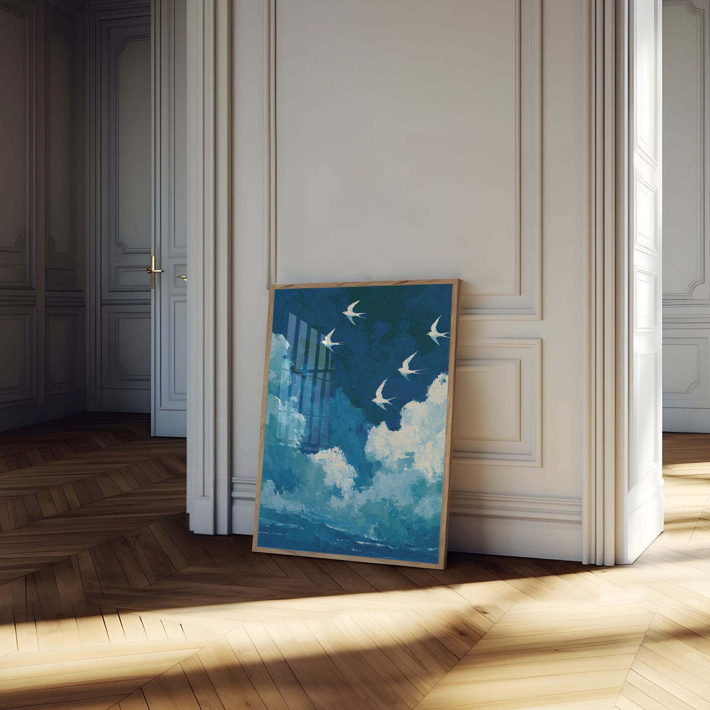 Flying Swallows Over Ocean Poster