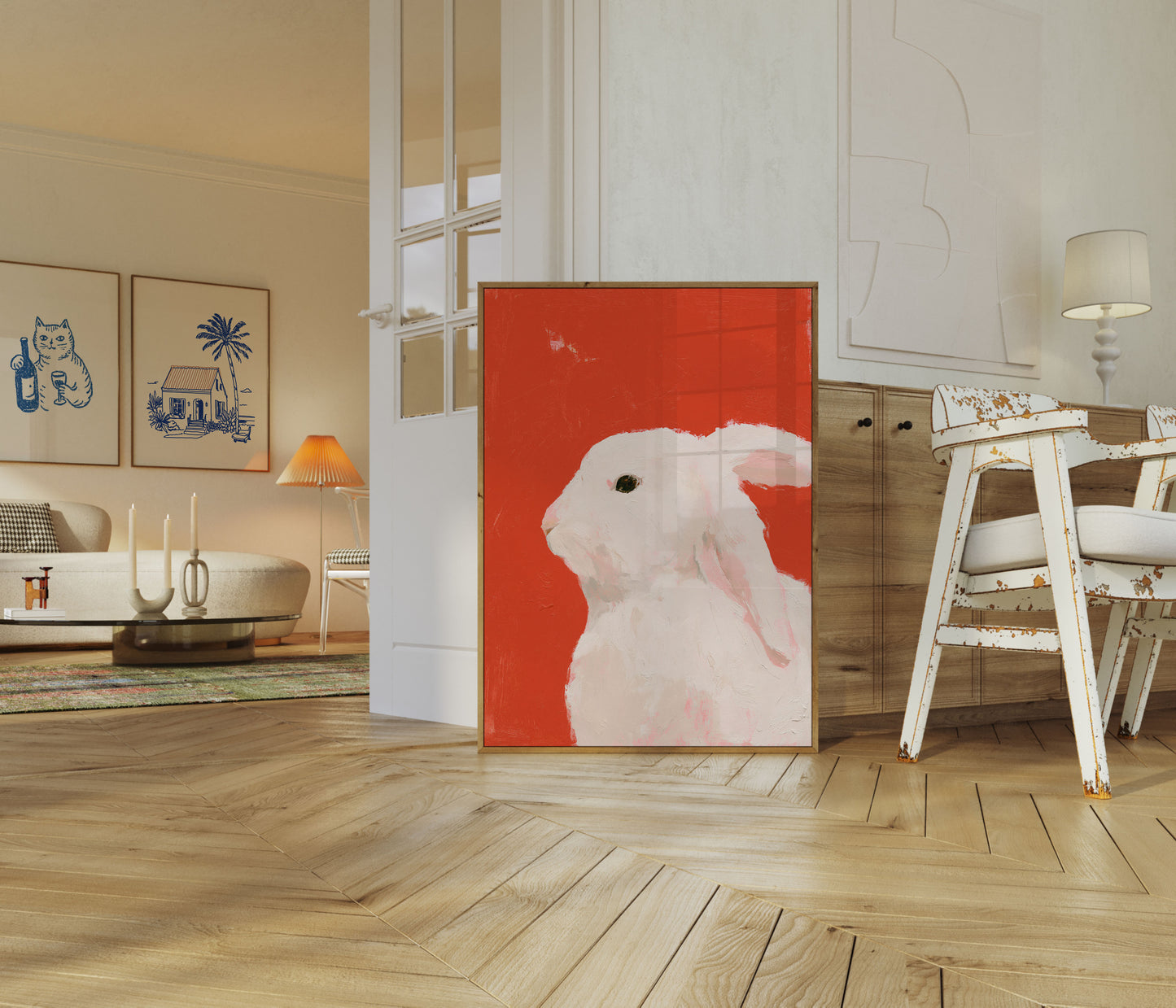 Conejo blanco en cartel rojo