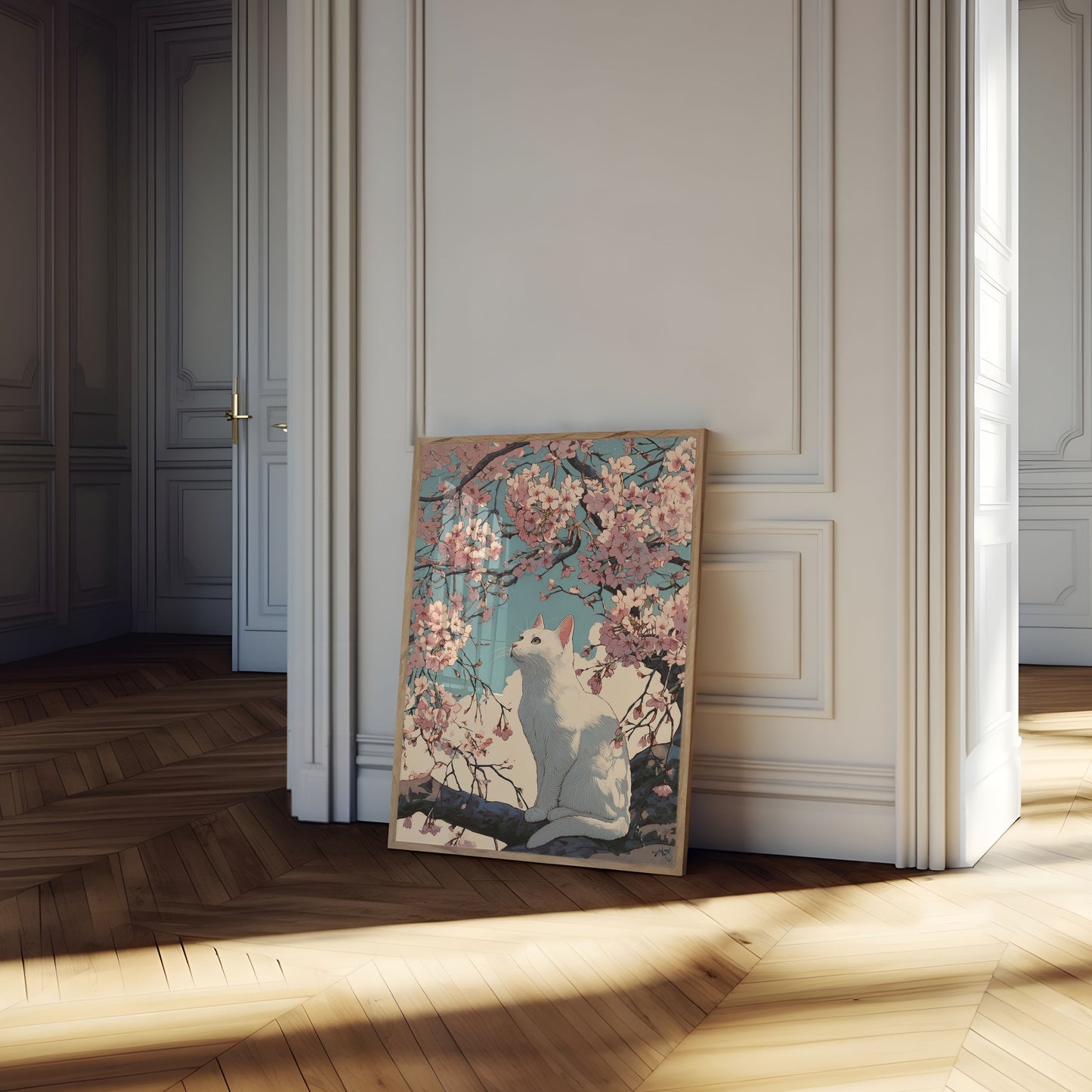 White Cat Among Cherry Blossoms Poster