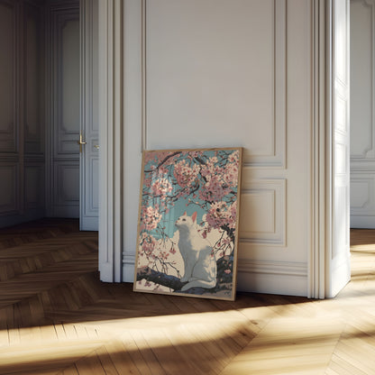 White Cat Among Cherry Blossoms Poster