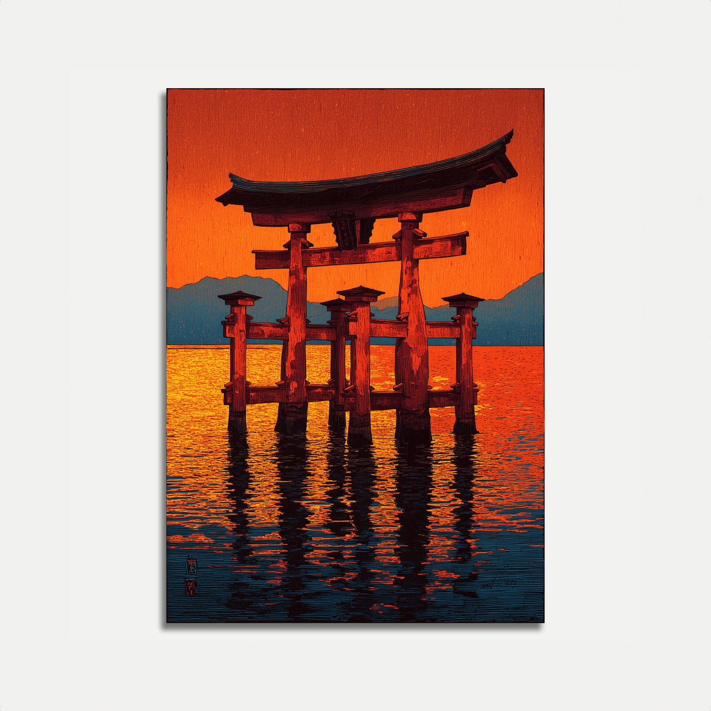 Cartel de Puesta de Sol de la Puerta Torii Japonesa