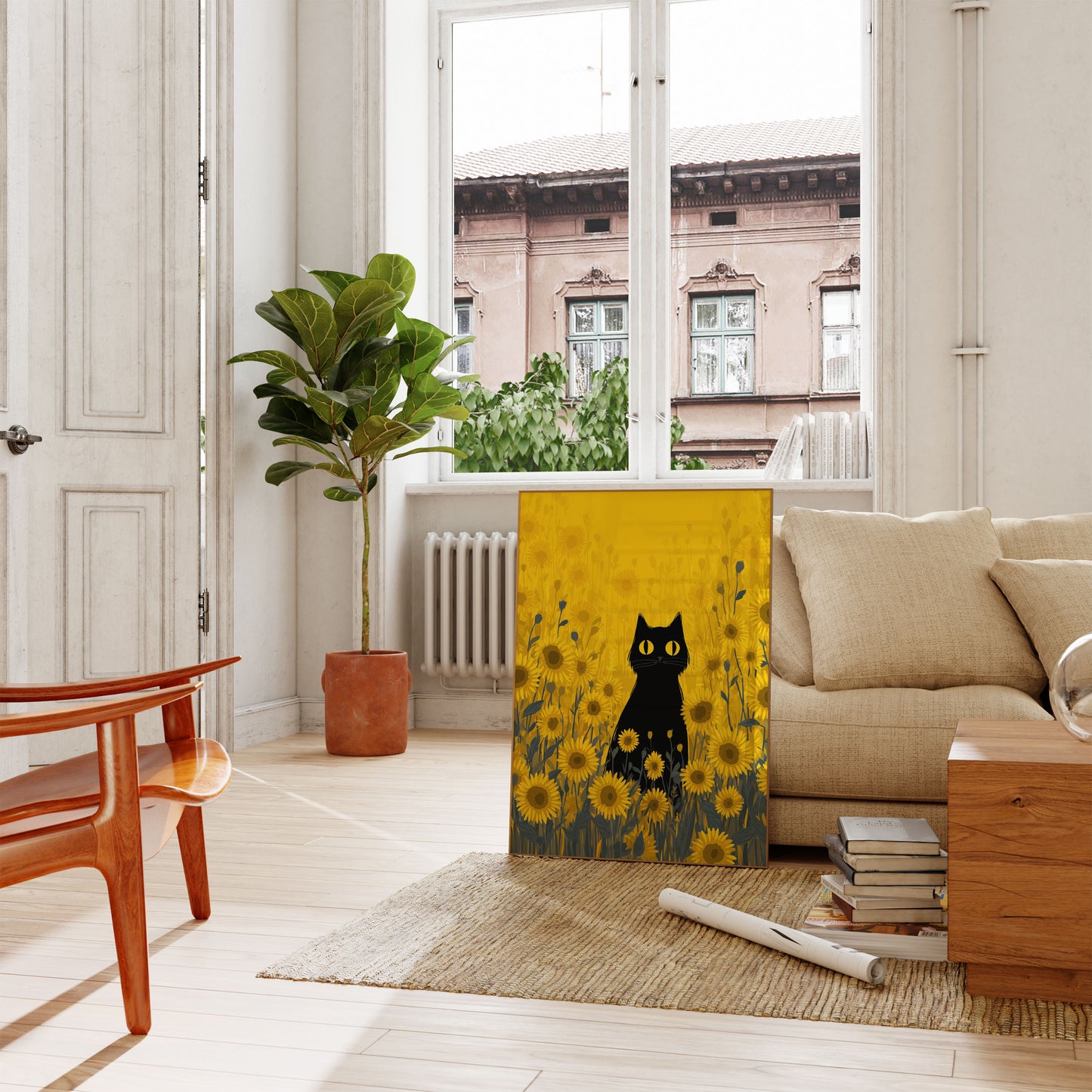 Black Cat in Sunflower Field Poster