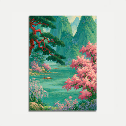 Mountain River Cherry Blossom Poster