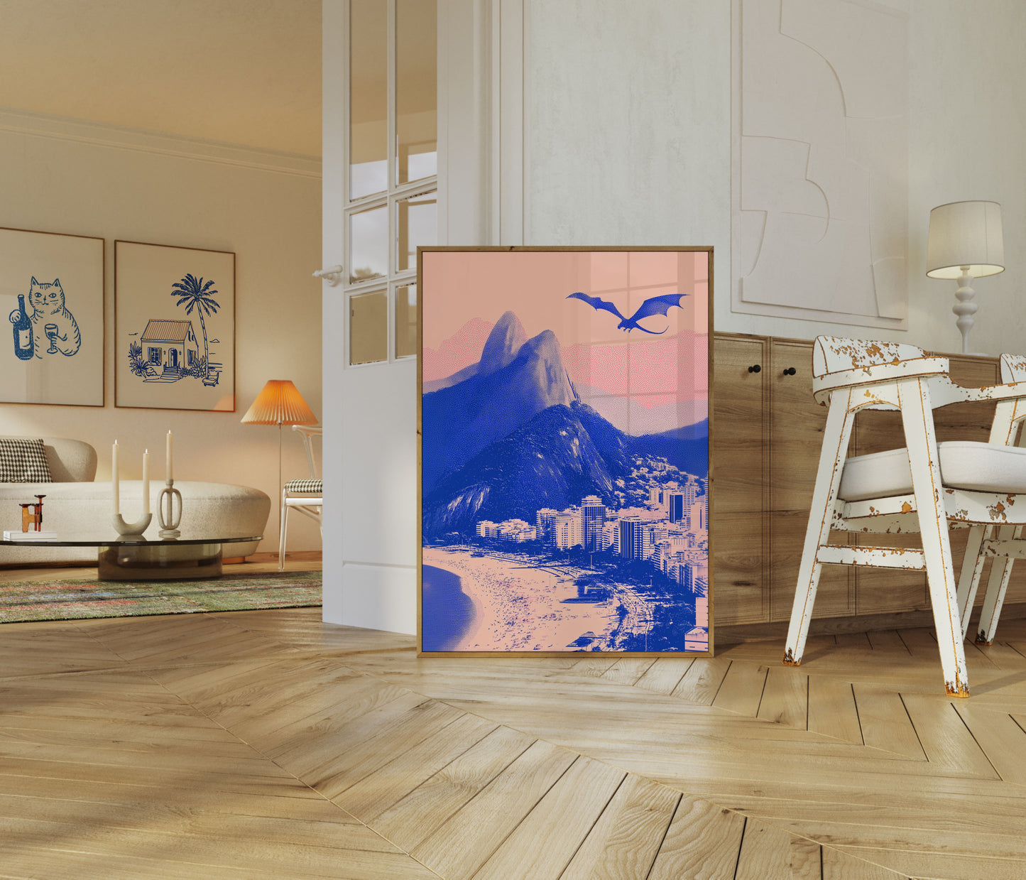 Dragon Over Coastal City Poster